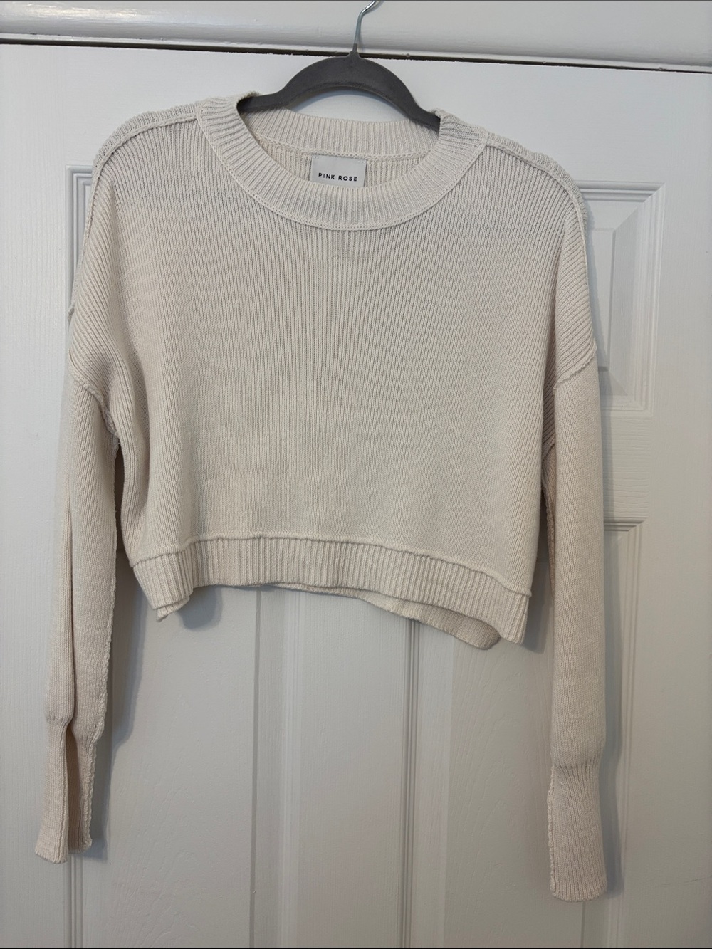 Pink Rose Ivory Cropped Crewneck Sweater
